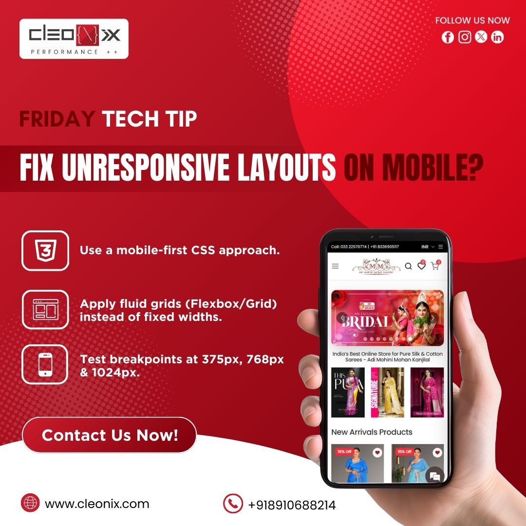 CleonixTech's tweet image. Struggling with messy mobile layouts?

This week’s tech tip is all about crafting cleaner, responsive screens that actually work. 📱

#FridayTechTip #CleonixTech #ResponsiveDesign #DevTips
