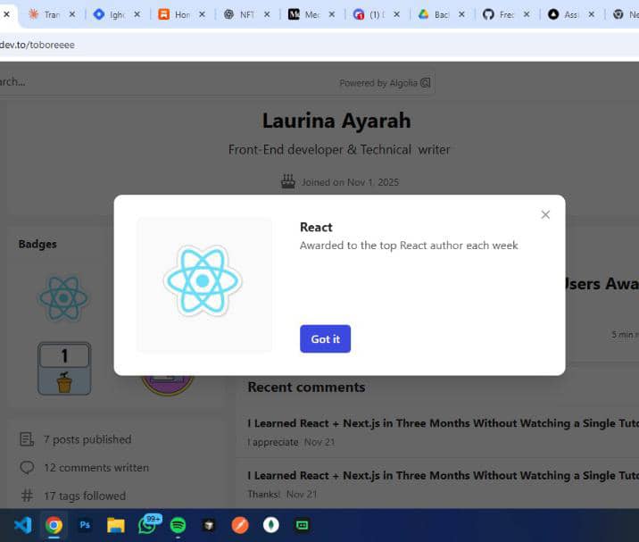 toboreeee's tweet image. Oh my God you guys 😭

I got a badge for the top React creator of the week on Devto😭❤️
Check me out there 👇
dev.to/toboreeee
