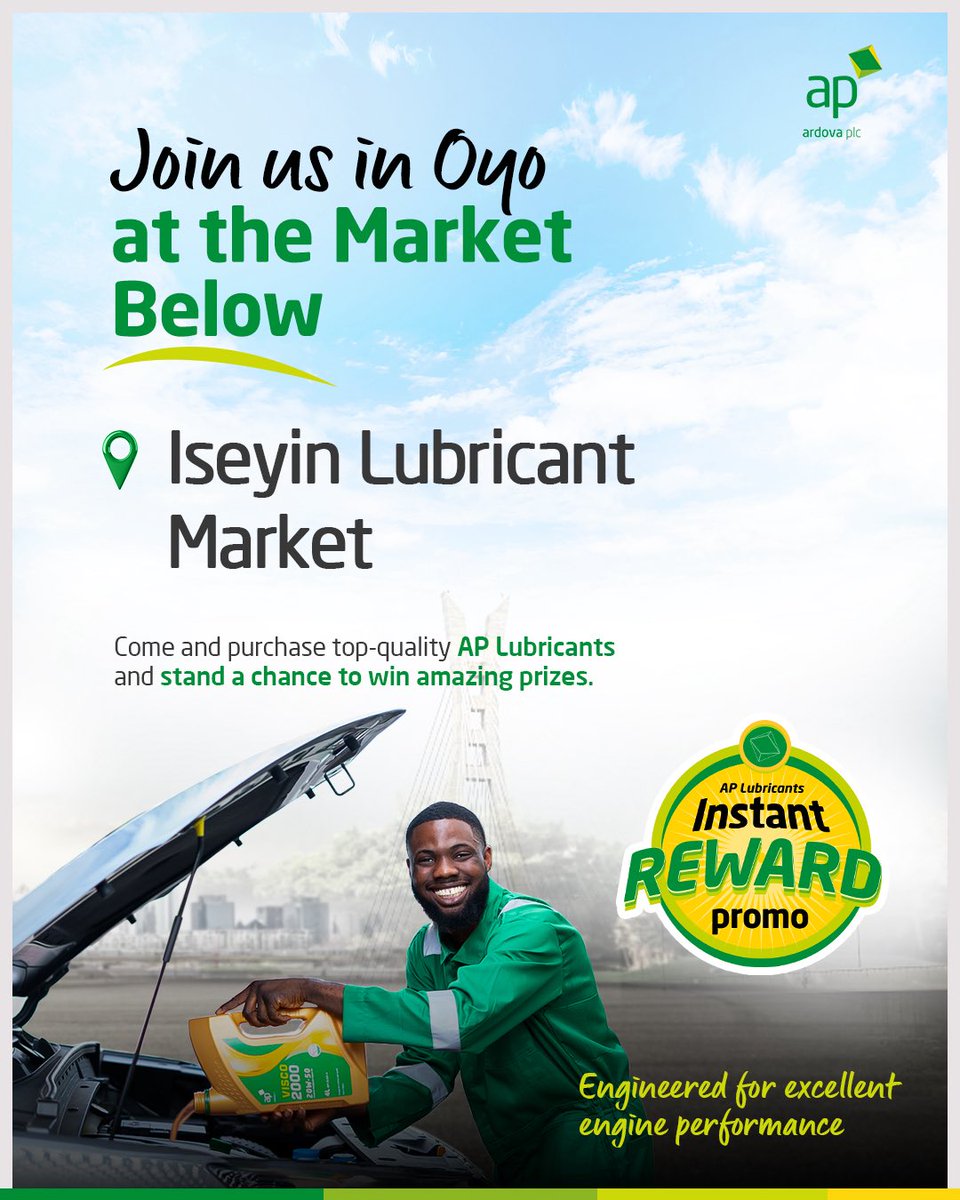 ardovaplc's tweet image. Join us for Day 5 of the Visco 2000 activation in Oyo at the Iseyin Lubricant Market for the final activation! 

Don’t miss the opportunity to win amazing gift items!

#APLubricantScratchAndWinPromo
#Visco2000
#APLubricants
#Oyo 
#RewardingEveryPurchase