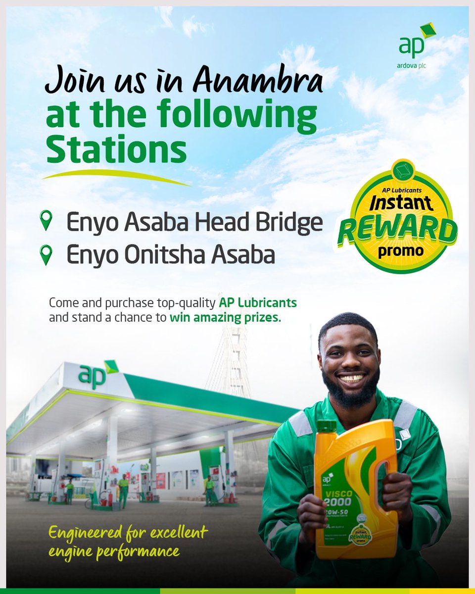 ardovaplc's tweet image. Anambra, we are in your city!

join us at the following stations today:

Enyo Asaba Head Bridge
Enyo Onitsha Asaba

Don’t miss the opportunity to win amazing gift items!

#APLubricantScratchAndWinPromo
#Visco2000
#APLubricants
#Anambra 
#RewardingEveryPurchase