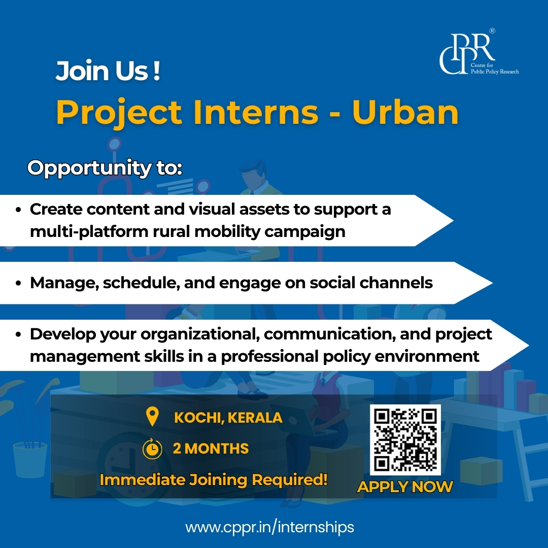 CPPRIndia's tweet image. #InternshipAlert

Looking to build real-world experience in urban policy and communications?

Join #CPPRIndia as a PROJECT INTERN - URBAN and work on creative content, social media, and project coordination for a rural mobility initiative.

📍 Kochi | 2 Months

Apply now 👉…
