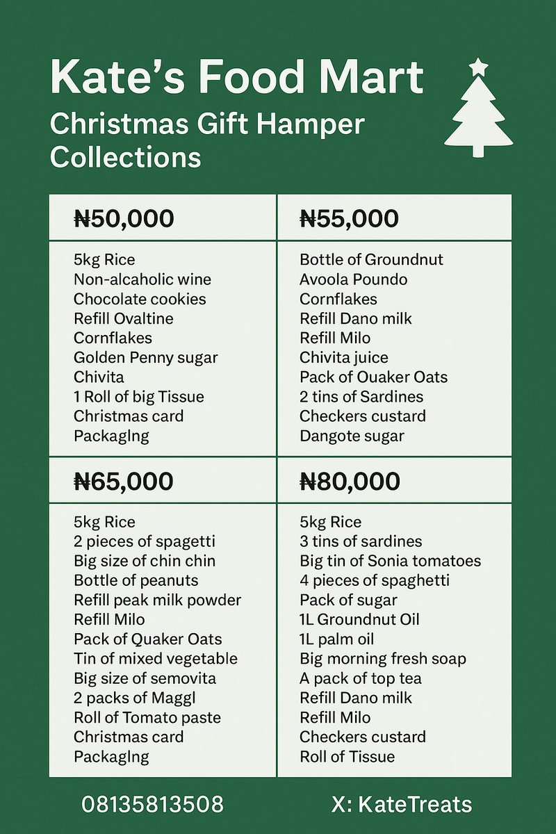 KateTreats's tweet image. 🎄 Spread joy this festive season! Our beautiful HAMPER gift collections are perfect for friends &amp;amp; family. Now in Lagos with doorstep delivery 🚪✨ Grab yours and make the holidays extra special! #FestiveVibes #LagosDelivery”

Location:Lagos 
🚌 : Interstate Delivery ✅