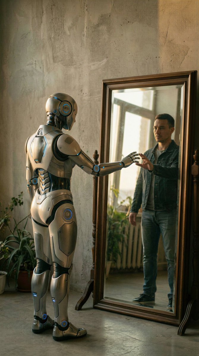 RetropunkAI's tweet image. This prompt never really worked before, one-shot. 
&quot;A humanoid robot stands in front of a tall mirror, reaching toward it, while its reflection shows a human man mirroring the same gesture. The scene takes place in a softly lit, rustic room with plants and textured walls,…