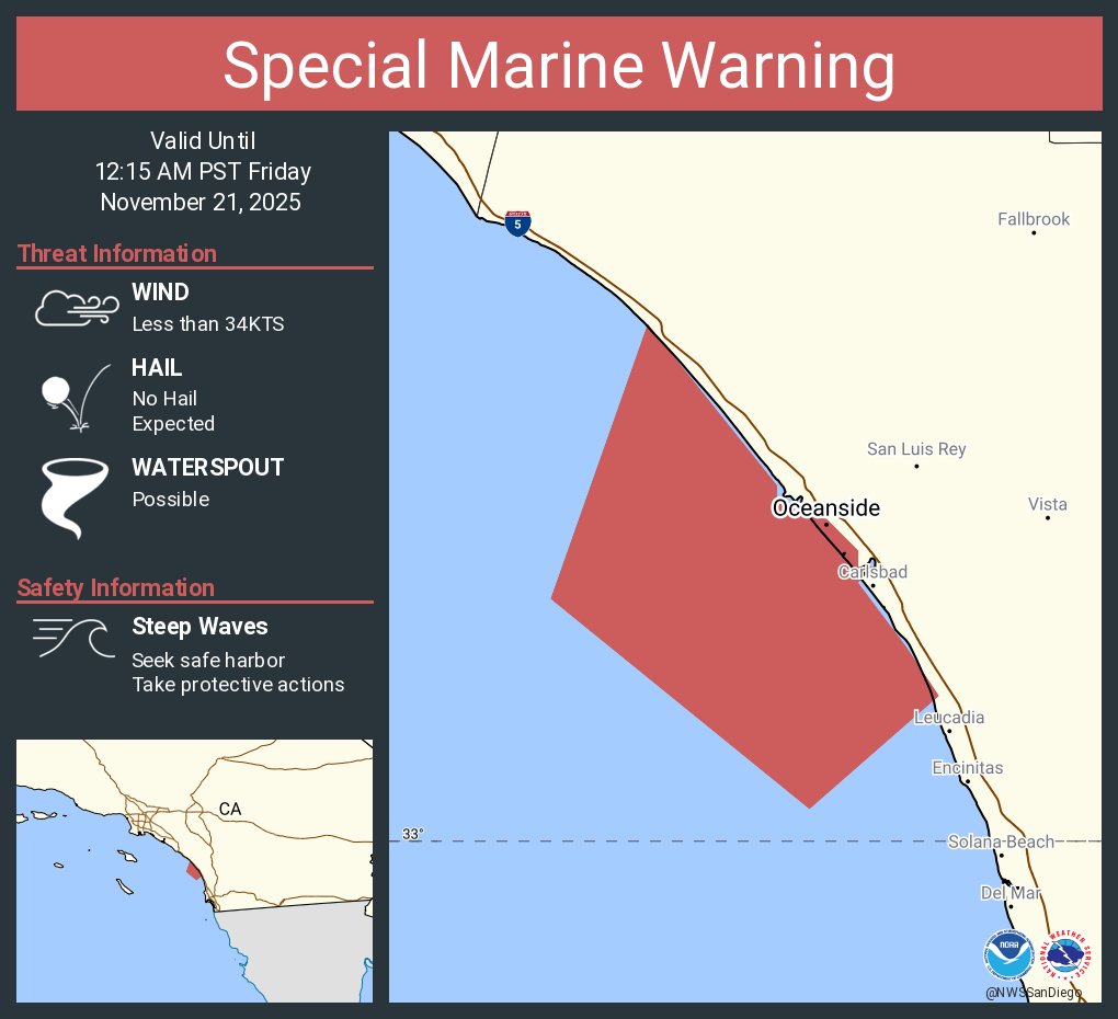 NWSSanDiego's tweet image. Special Marine Warning continues for the Coastal Waters from San Mateo Point to the Mexican Border and out to 10 nm until 12:15 AM PST