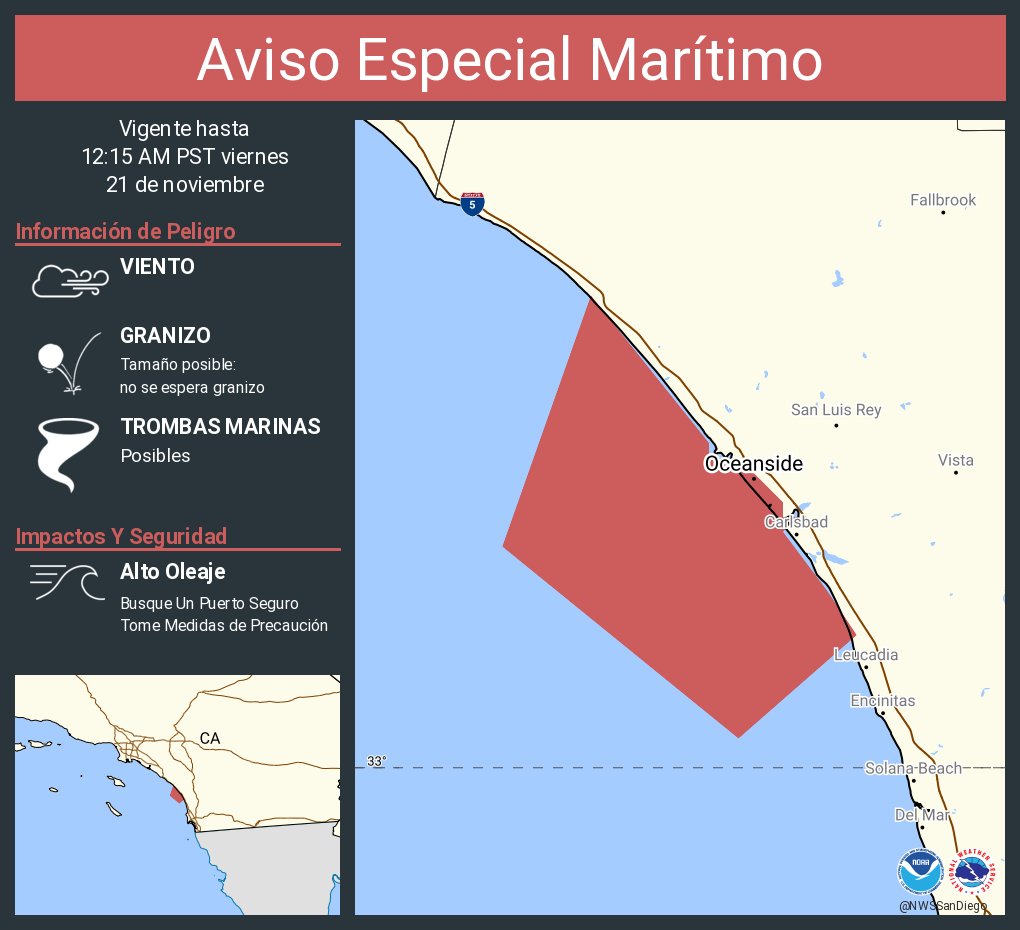 NWSSanDiego's tweet image. Aviso Especial Marítimo continúa Pacific Ocean waters hasta las 12:15 AM PST