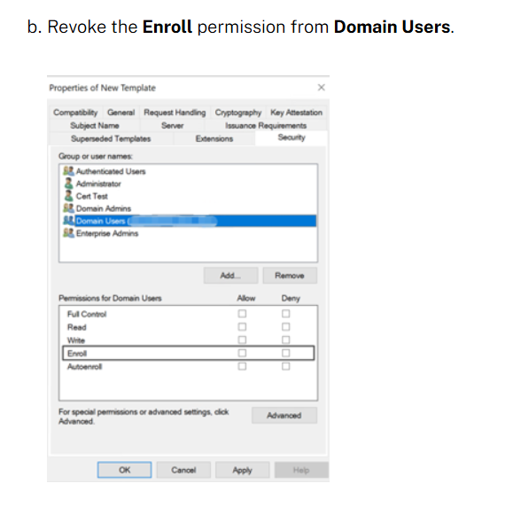 DebugPrivilege's tweet image. After reporting the issue to @citrix, it’s great to see that they’ve updated their Citrix Endpoint Management guidance to address ESC1. They now explicitly instruct admins to revoke the &quot;Enroll&quot; permission from Domain Users. docs.citrix.com/en-us/citrix-e…