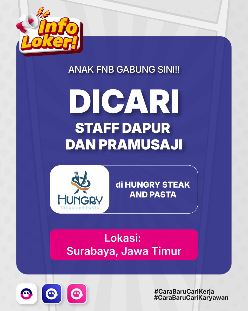 jobseekerapp's tweet image. INFO LOKER SURABAYA‼️
PANGGILAN UNTUK ANAK FNB🗣️Hungry Steak N Pasta sedang membuka dua lowongan untuk Staff Dapur dan Pramusaji/Pelayan. 
Kalo kamu punya minat di dapur dan service, komen“Lamar” akan kami kirimkan info selengkapnya lewat DM! 
#JobseekerApp #infoloker #loker