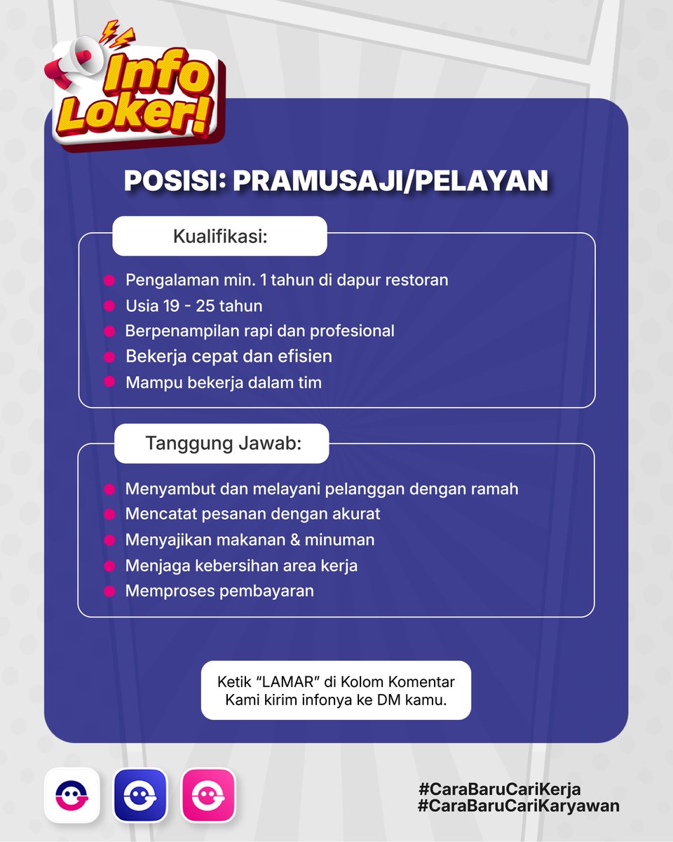 jobseekerapp's tweet image. INFO LOKER SURABAYA‼️
PANGGILAN UNTUK ANAK FNB🗣️Hungry Steak N Pasta sedang membuka dua lowongan untuk Staff Dapur dan Pramusaji/Pelayan. 
Kalo kamu punya minat di dapur dan service, komen“Lamar” akan kami kirimkan info selengkapnya lewat DM! 
#JobseekerApp #infoloker #loker