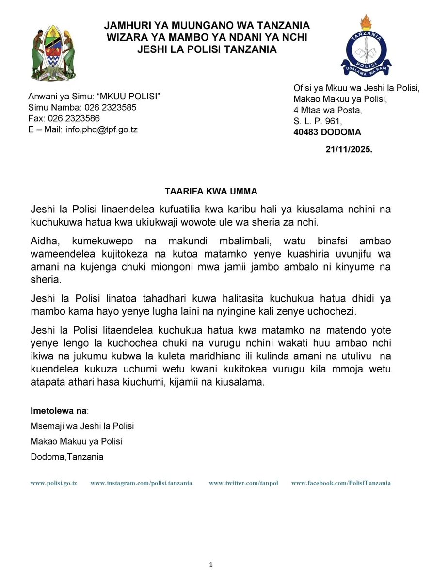 tanpol's tweet image. JESHI LA POLISI LATOA TAHADHARI KWA YEYOTE ATAKAYE KIUKA SHERIA ZA NCHI