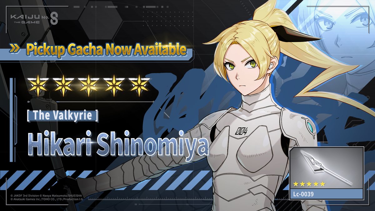 kj8_TheGame_EN's tweet image. ◤ 　#KaijuNo8THEGAME
　　Pickup Gacha Now Up!　◢

This Pickup Gacha features the following character and weapon!

■ ★5 Character
　[The Valkyrie] Hikari Shinomiya (Optimal weapon type: Spear)
■ ★5 Weapon
　Lc-0039 (Spear)

▼ Details
info.kj8-thegame.com/news/1000710?l…

#K8Game…