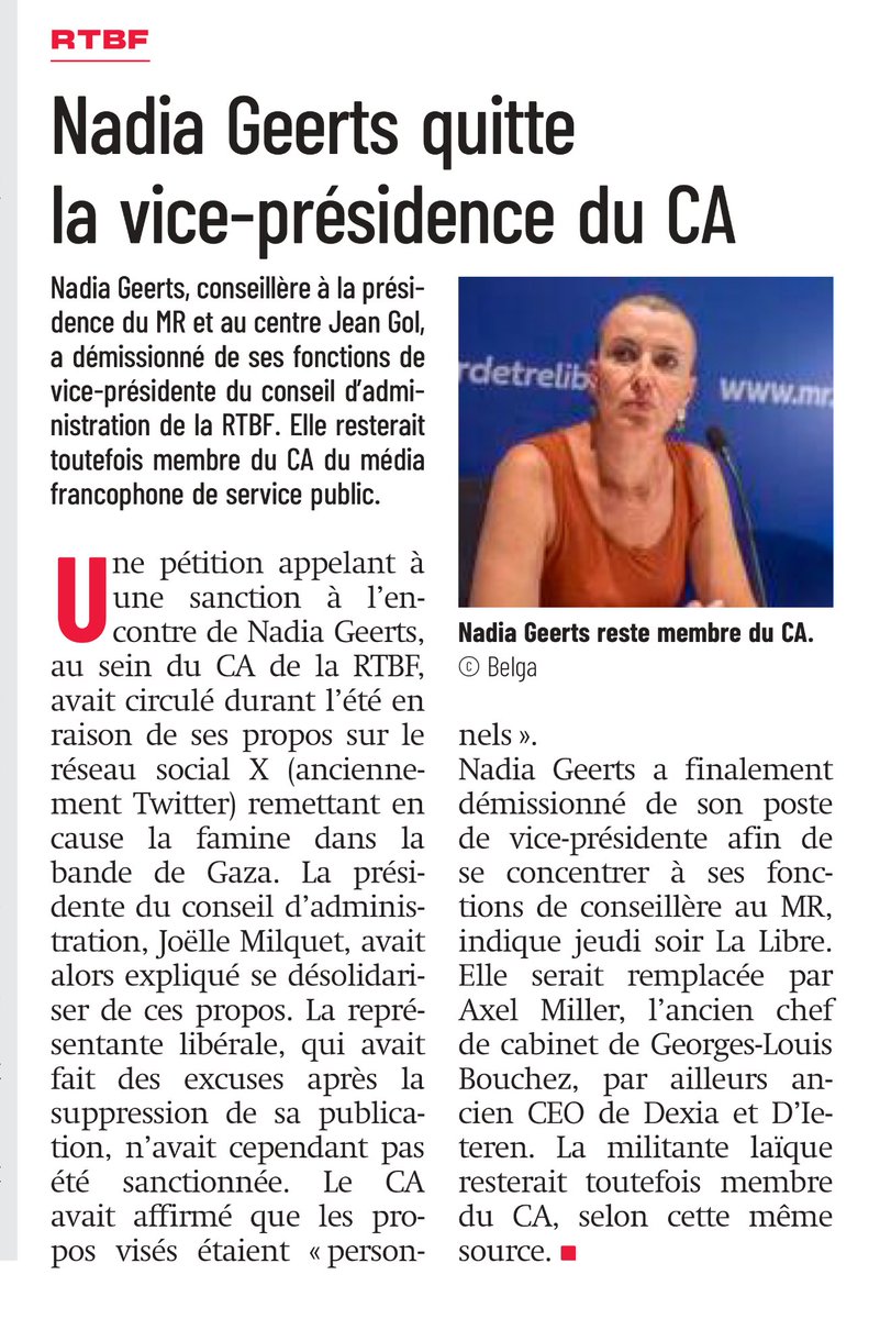 ⁦<a href="/NadiaGeerts/">Nadia Geerts</a>⁩ avait, à raison, mis en doute les annonces de famine à Gaza.
Joelle Milquet, pro palestinienne, s’était désolidarisée de ces propos visant à rétablir la vérité mis à mal par le service public.
Nadia GEERTS cède la vice présidence à Axel Miller.
C’est élégant.