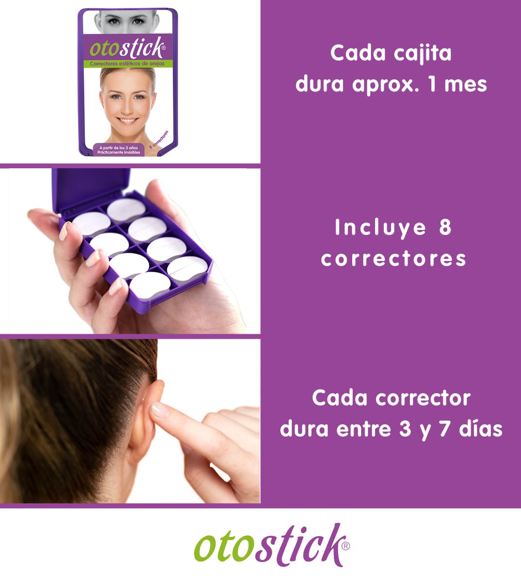 Si todavía no has probado Otostick, te contamos que cada cajita trae 8 correctores, y cada corrector puede durar entre 3 y 7 días, según las características de cada tipo de piel. 👂🏼✨

Eso sí, para que te duren al máximo, sigue bien los pasos de colocación.👌😉🙌