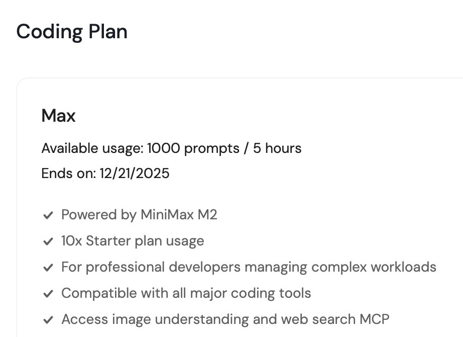 rudrank's tweet image. Max plan of @MiniMax__AI to replace my Claude Code usage!

This is equivalent to the $200 plan of Claude, and it works in the same harness as CC so I am pretty excited to use it well. 

Thorough review soon, especially comparing it to GLM 4.6 in CC