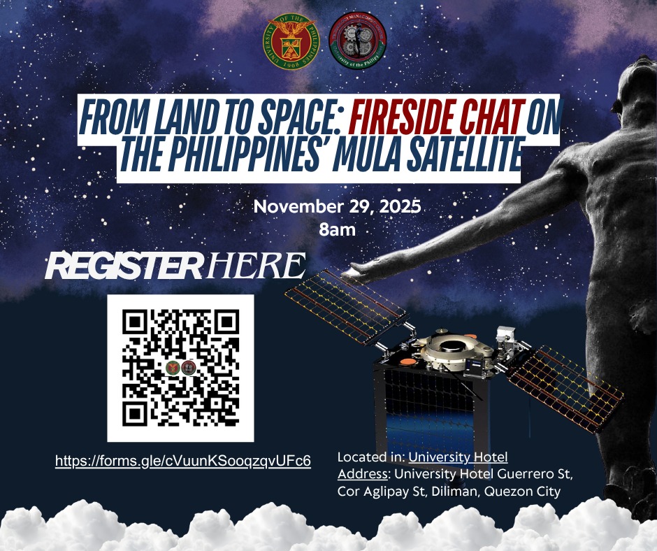 Official_UPD's tweet photo. Join the discussion on “From Land to Space: Fireside Chat on the Philippines’ MULA Satellite” on Nov. 29, Saturday, 8 a.m., at the University Hotel Oblation Room.

Register at https://t.co/sJAOLpoUKS.

The event is organized by the UP Diliman Technology Management Center. https://t.co/l9WcZhcey6