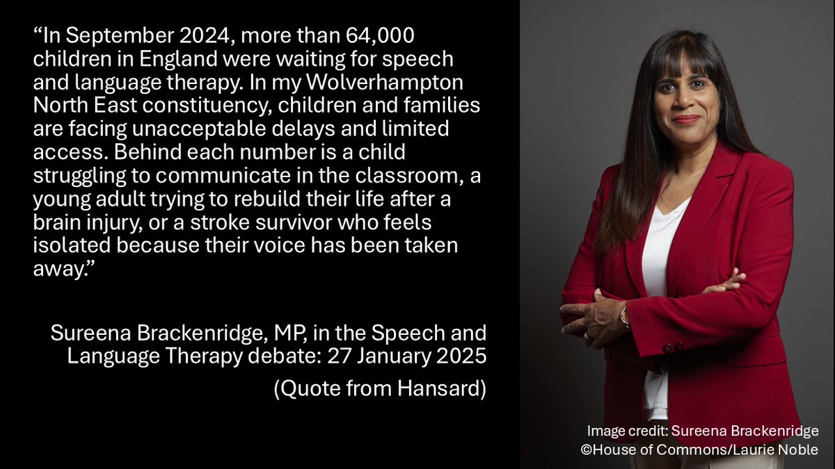 "In September 2024, more than 64,000 children in England were waiting for SLT... Behind each number is a child struggling to communicate in the classroom, a young adult trying to rebuild their life after a brain injury..."

<a href="/Sureena4WNE/">Sureena Brackenridge MP</a> at the #InvestInSLT debate on 27 Jan 2025