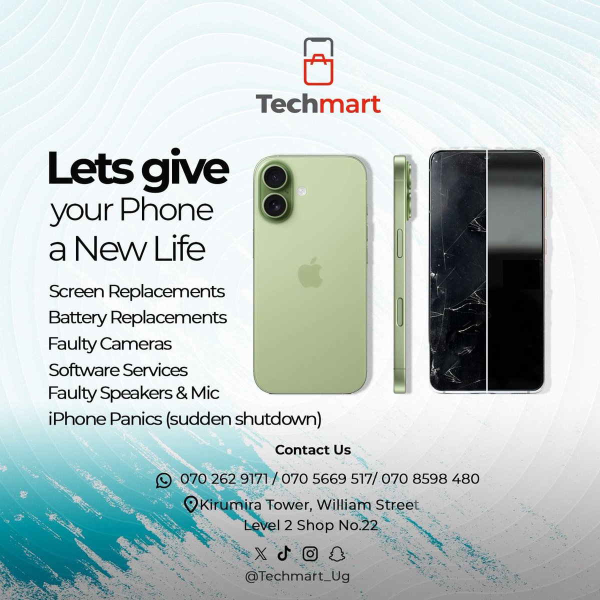 TECHMART_UG's tweet photo. Repair. Refresh. Revive.

Screens | Batteries | Cameras | Software

Speakers | Mics | Shutdown Issues

Your Phone Deserves Better—Let’s Fix It Today. https://t.co/wA1gOunrRL