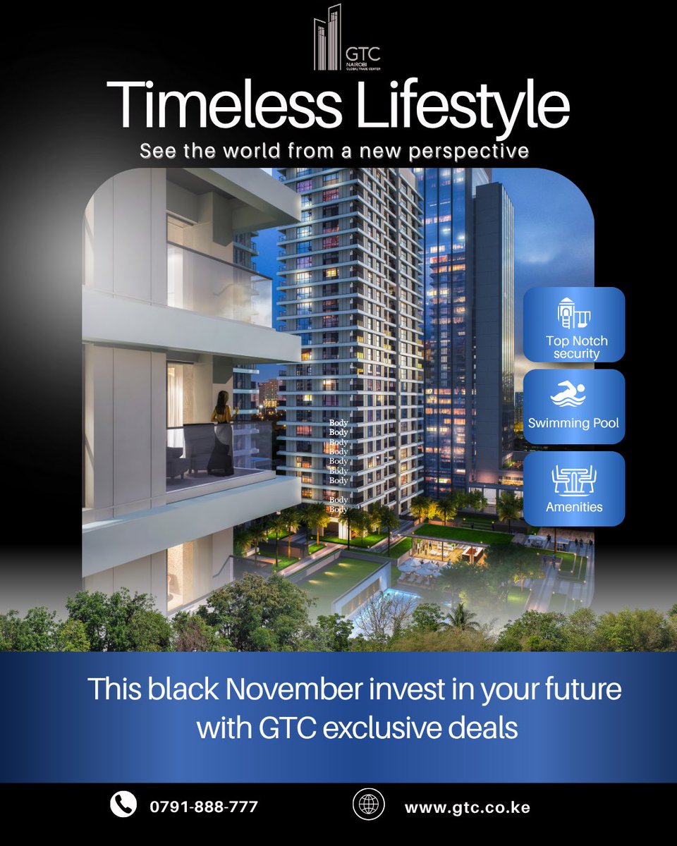 GTCKenya1's tweet image. Imagine if real estate had its own Black November…
Imagine no further.
Unlock a timeless lifestyle at GTC with exclusive deals and up to 20% off on pre-selected units.
Luxury, security, world-class amenities — all within Nairobi’s most iconic address.
Your future home awaits.