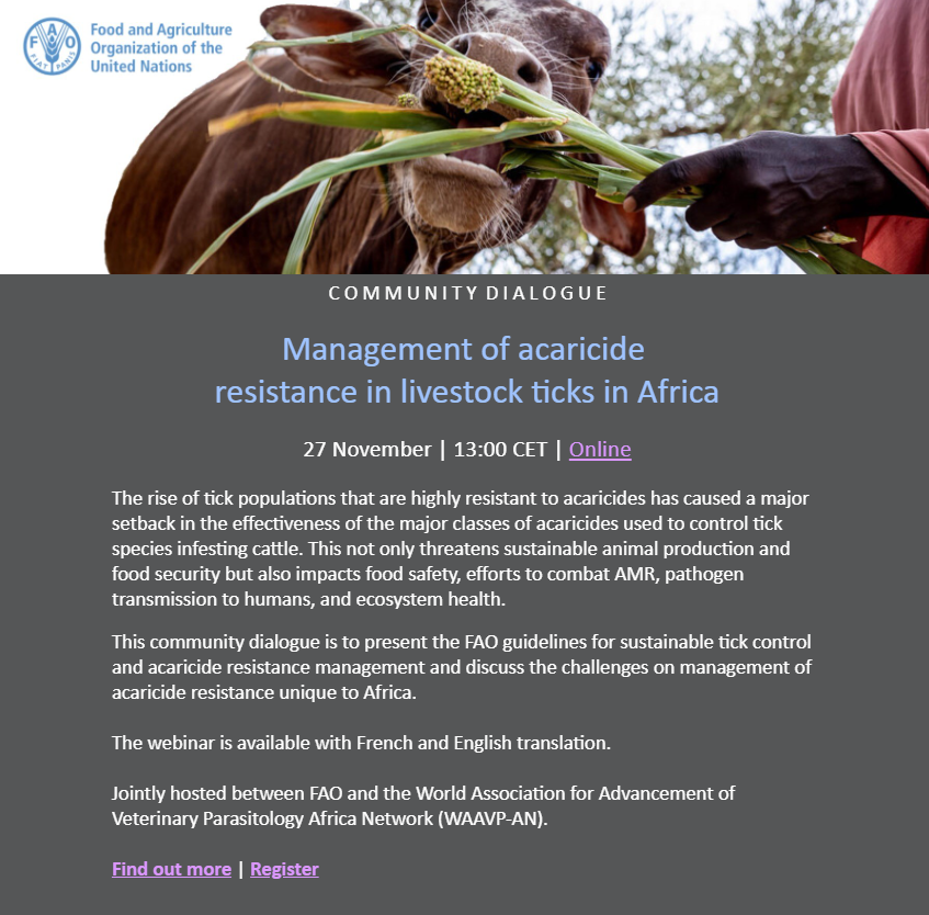 📢 SAVE THE DATE
Acaricide resistance is rising across Africa. Join the WAAVP-AN &amp; FAO Community Dialogue on the new FAO guidelines for sustainable tick control.
27 Nov 2025 | 12:00 GMT | Virtual
Register: us02web.zoom.us/webinar/regist…
#AnimalHealth #TickControl #AcaricideResistance