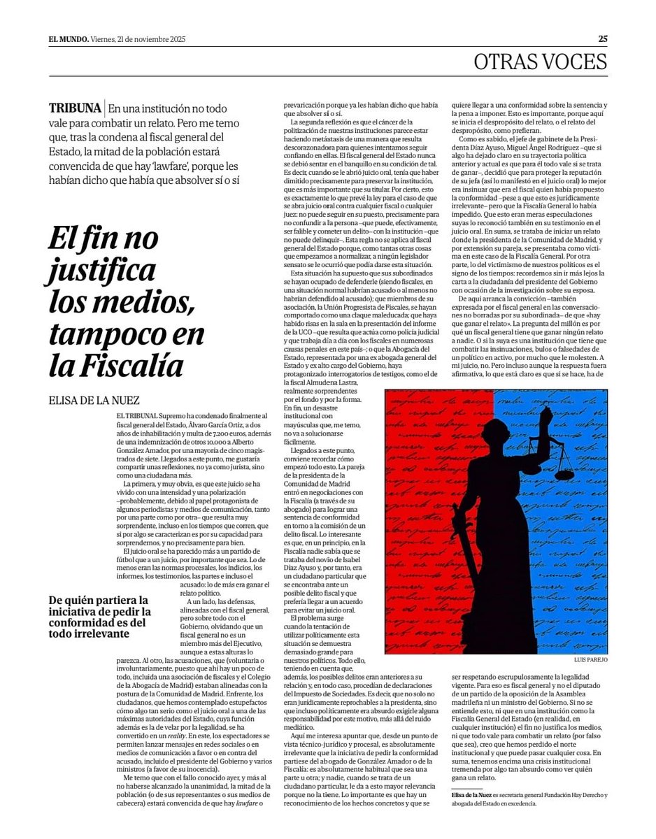 natalia_velilla's tweet photo. Magnífica tribuna de @elisadelanuez “El fin no justifica los medios, tampoco en fiscalía” en @elmundoes https://t.co/YTM5V4oLfr