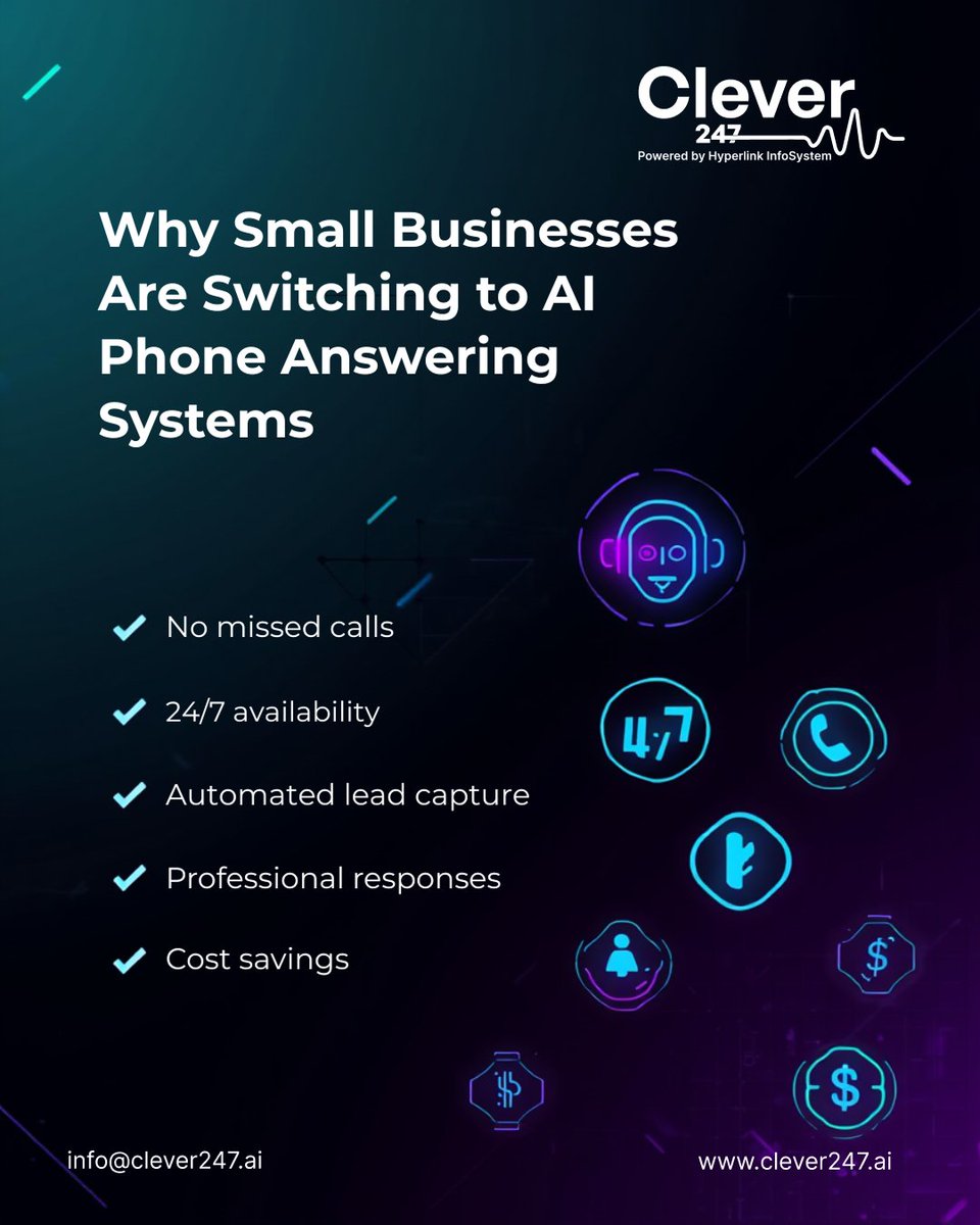 clever247_'s tweet image. Small businesses are switching to AI phone answering systems to eliminate missed calls, capture more leads, and stay available 24/7 — without extra staffing costs.📞🤖

#AIVoiceAgent #AIAnsweringService #SmallBusiness #24x7Support #AIForBusiness #MissedCalls #CustomerSupport