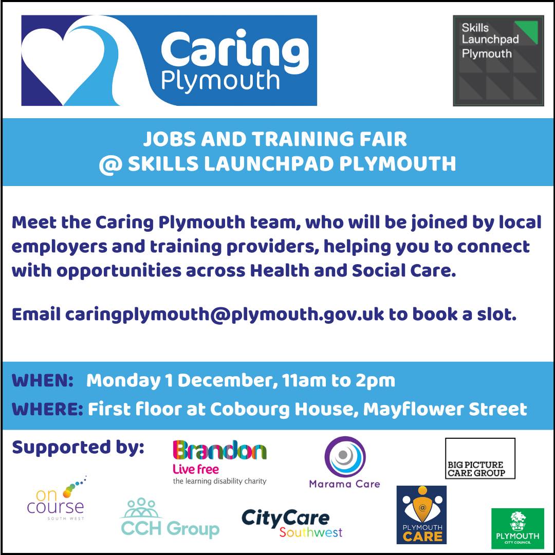 OnCourseSW's tweet image. 📢Jobs and Training Fair - Skills Launchpad Plymouth 

To book your slot, email caringplymouth@plymouth.gov.uk 

Or, complete the following booking form👉ow.ly/uulg50XsSMQ

#Plymouth #HealthAndSocialCare