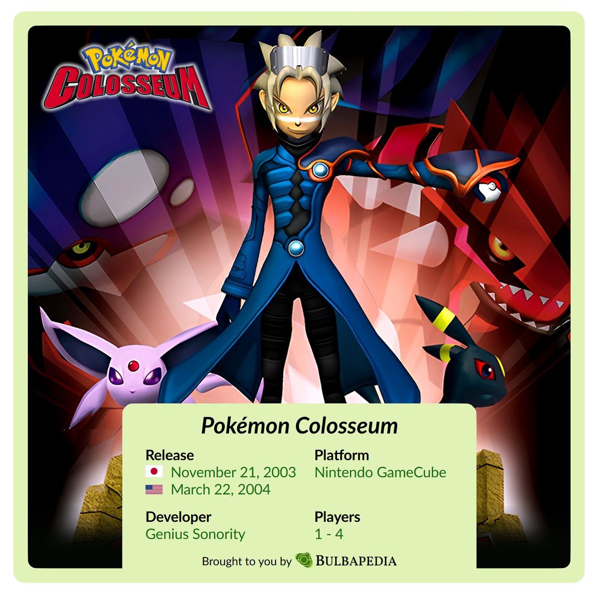 Today is the 22nd anniversary of Pokémon Colosseum, first released in Japan for the Nintendo GameCube on November 21, 2003!  

The player takes on the role of a boy named Wes, rescuing and restoring Shadow Pokémon in the desolate Orre region.