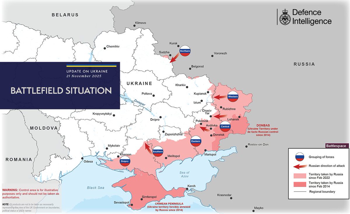 DefenceHQ's tweet image. The illegal and unprovoked invasion of Ukraine is continuing.

The map below is the latest Defence Intelligence update on the situation in Ukraine – 21 November 2025. 

#StandWithUkraine 🇺🇦