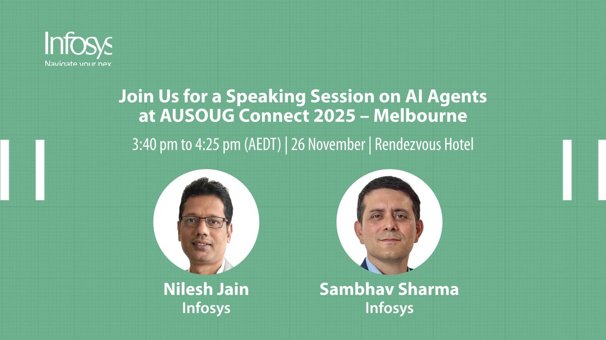 InfosysEvents's tweet image. Smarter ERP. Simplified HCM. Scaled innovation.
Join Infosys at #AUSOUGConnect2025 – Melbourne for our session on AI Agents for Oracle—powered by GenAI and Oracle APIs. infy.com/4oW8Ga2

#InfyAtAUSOUGConnect #OracleCloud #EnterpriseAI #ConversationalAI
