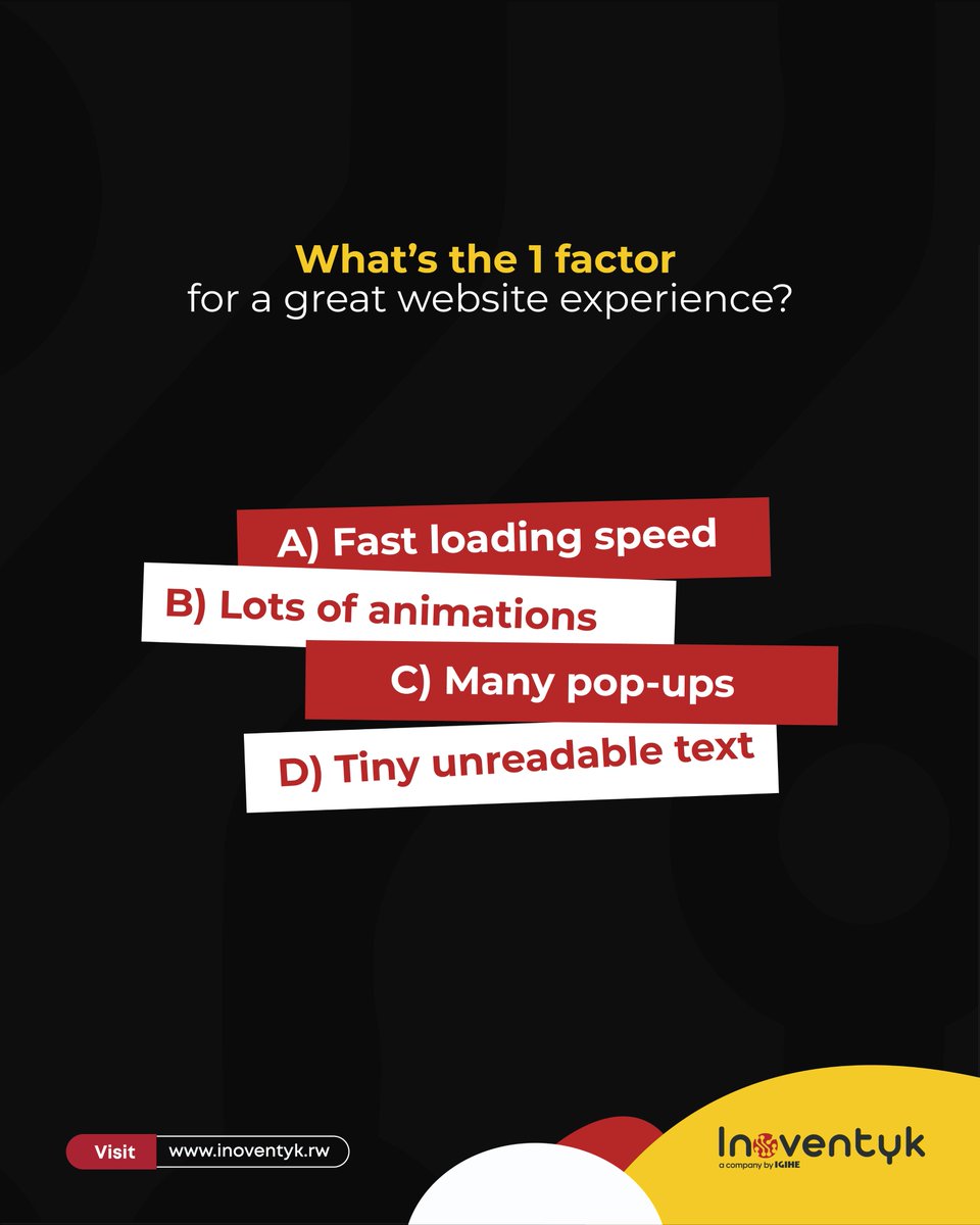 inoventyk's tweet image. Pop quiz time!
Which of these do you think matters most for a website. Comment your answer below.

#WebQuiz
#UXDesign
#DigitalFun