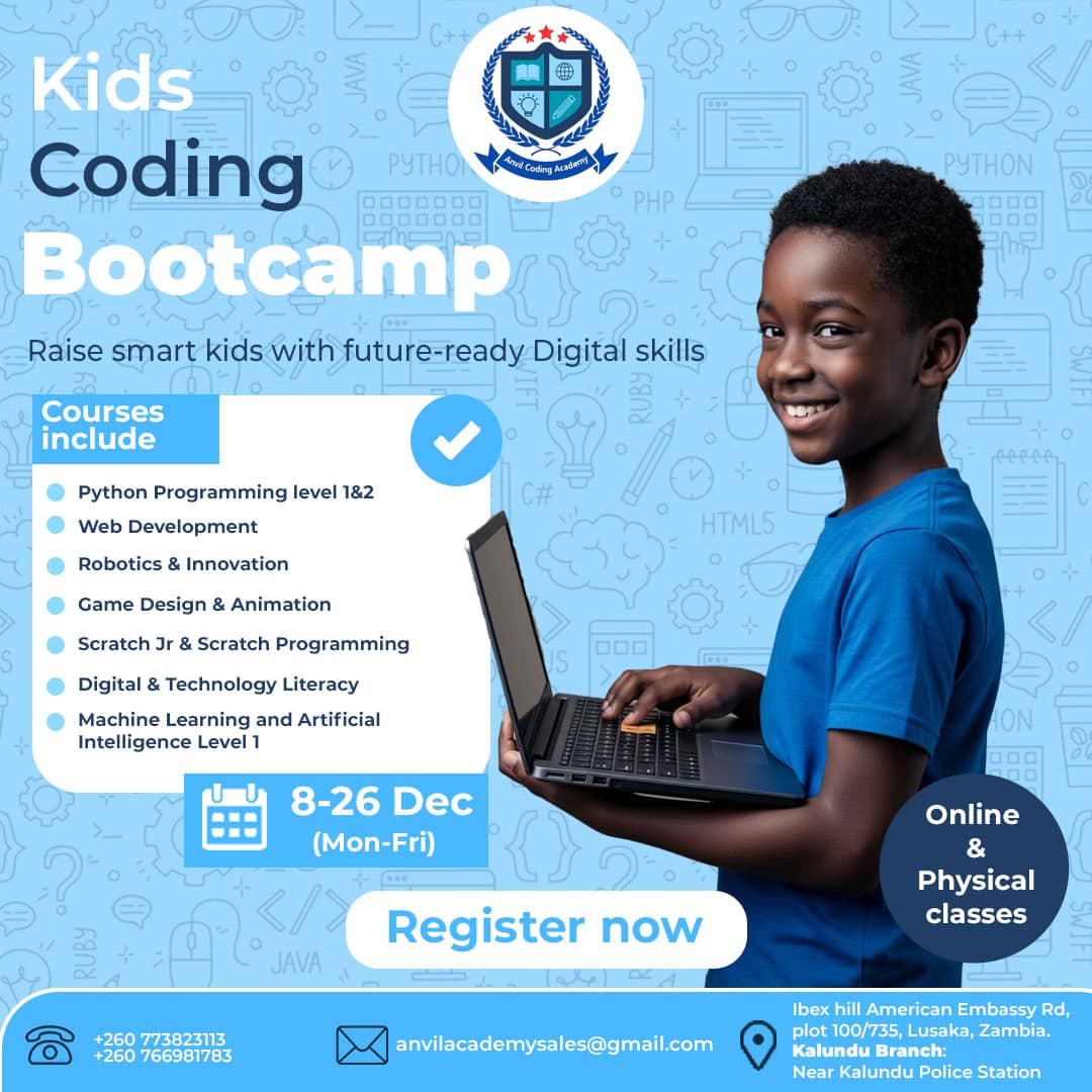 PezaJob's tweet image. Kids Coding Bootcamp

Raise smart kids with future‑ready digital skills ! 

Online &amp;amp; Physical classes available in Lusaka (Ibex Hill).

Dates: 8–26 Dec 

#KidsCoding #Bootcamp #Python #WebDev #Robotics #GameDesign  #MachineLearning #DigitalSkills #Zambia #Lusaka #AnvilAcademy
