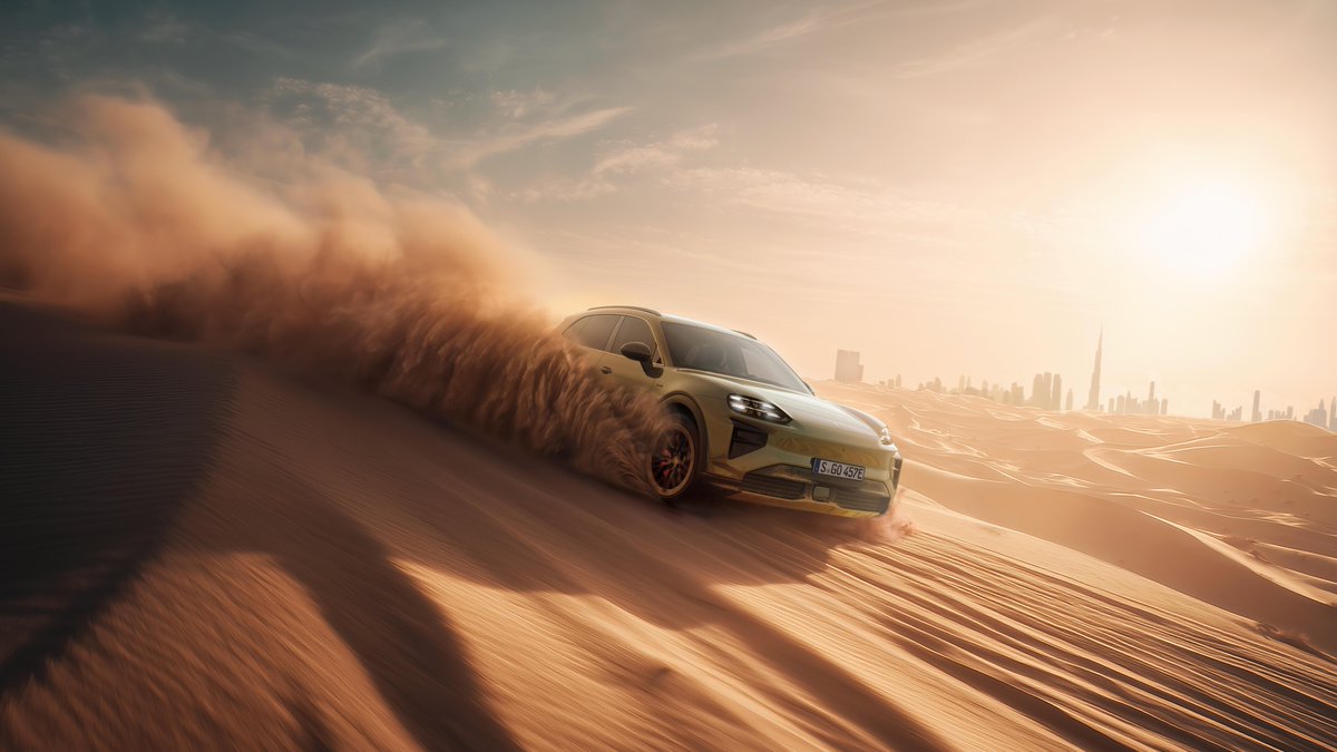 PorscheNewsroom's tweet photo. Against the spectacular backdrop of Dubai's skyline, the Icons of #Porsche festival is taking place for the fifth time this weekend – a meeting place for automotive culture, design and Porsche passion. This year's focus is on the new Cayenne Electric: https://t.co/cM0gyRWVqy https://t.co/FUVvAfUzSQ