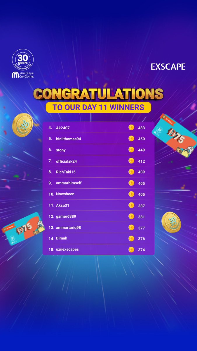 ExscapeOfficial's tweet image. 🎉 Day 11 winners just dropped, and the heat is REAL! 🔥
These champs showed up, scored big, and proved they’re here for the glory. 💪
The challenge is almost over… so if you’re aiming for that final spotlight, now’s the time to lock in and PLAY HARD.🎮✨
Go claim your moment!