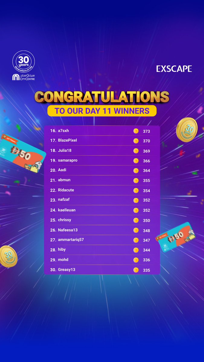 ExscapeOfficial's tweet image. 🎉 Day 11 winners just dropped, and the heat is REAL! 🔥
These champs showed up, scored big, and proved they’re here for the glory. 💪
The challenge is almost over… so if you’re aiming for that final spotlight, now’s the time to lock in and PLAY HARD.🎮✨
Go claim your moment!