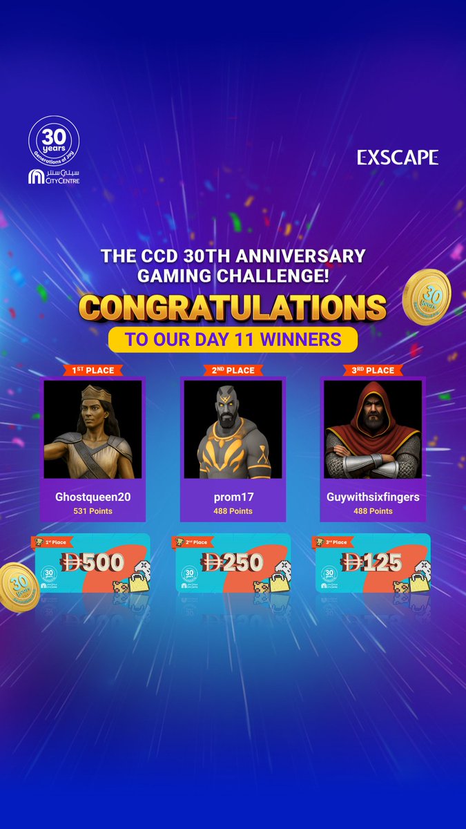 ExscapeOfficial's tweet image. 🎉 Day 11 winners just dropped, and the heat is REAL! 🔥
These champs showed up, scored big, and proved they’re here for the glory. 💪
The challenge is almost over… so if you’re aiming for that final spotlight, now’s the time to lock in and PLAY HARD.🎮✨
Go claim your moment!