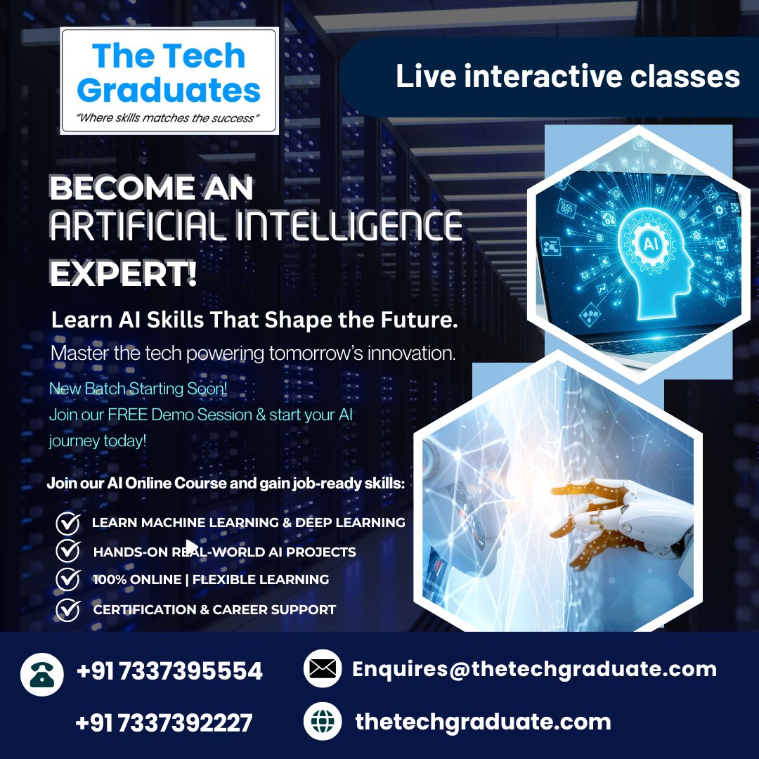 theTechGraduate's tweet image. 🌐 thetechgraduate.com 🚀 Become an Artificial Intelligence Expert!
Learn AI Skills That Shape the Future.
Master the tech powering tomorrow’s innovation. 
Enroll Today — Start Building Your AI Career!
 📞 +91 7337395554 | ✉️ Enquires@thetechgraduate.com
