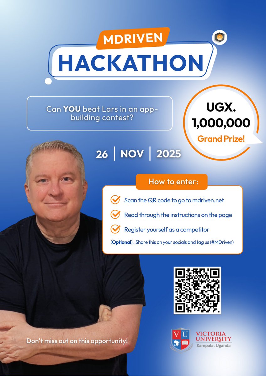 MdrivenA's tweet image. 💸 Want to be a millionaire next week?
UGX 1,000,000 is up for grabs! 🤑
💻 The challenge: Beat Lars in an app-building contest.
📍 Victoria University, Kampala
📅 Wed, Nov 26, 2025
👉 Register: mdriven.net/App#/Hackathon
#MDriven #Hackathon #KampalaTech #UgandaDevelopers #WinBig