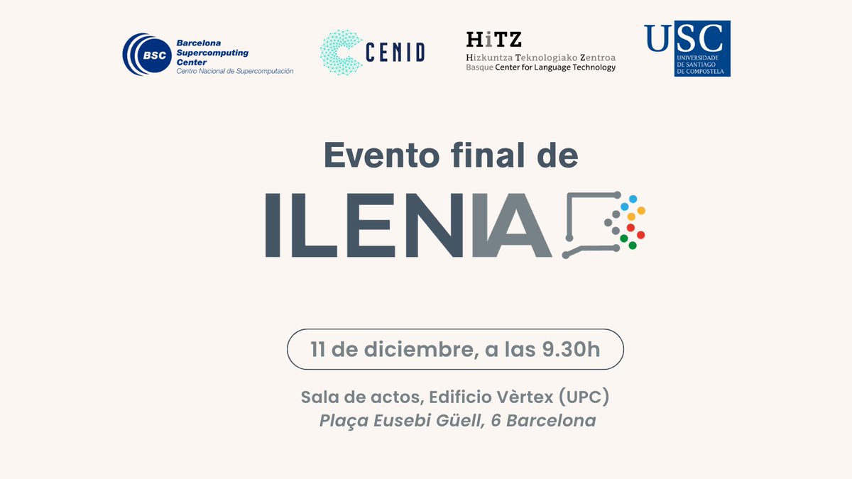 proyecto_ilenia's tweet image. 🔴El @proyecto_ilenia organiza su evento final!

📆11/12, 9.30h
📍Edificio Vèrtex (UPC), Barcelona

La red de centros ILENIA presentará los #desarrollos logrados y los #demostradores disponibles

👉Agenda completa: proyectoilenia.es/evento/evento-…

🔗Inscripciones: form.typeform.com/to/ujOYDnMA