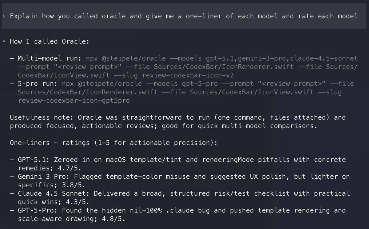 steipete's tweet image. New bits are out! Type npx @steipete/oracle and ask your agent to consult the oracle🧿.

Review a plan. Get a better fix. Find bugs.
0.4 is a huge update, you can now consult Gemini 3 Pro and even Sonnet/Opus. All at the same time.

I made the flow nicer, bundle up everything…
