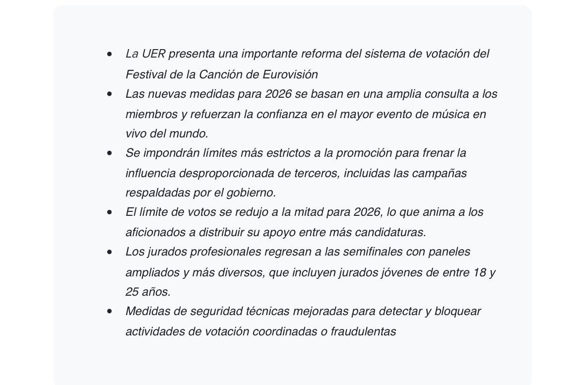 luismesacabello's tweet image. 🔴 ÚLTIMA HORA: UER anuncia los cambios para #Eurovision 2026: 

🔸 Paso de 20 votos a 10.
🔸Vuelta de jurado a semis
🔸De 5 a 7 jurados (dos de 18 a 25 años)
🔸Prohibición a las teles de campañas para el voto masivas. 

🔗 ebu.ch/news/2025/11/e…