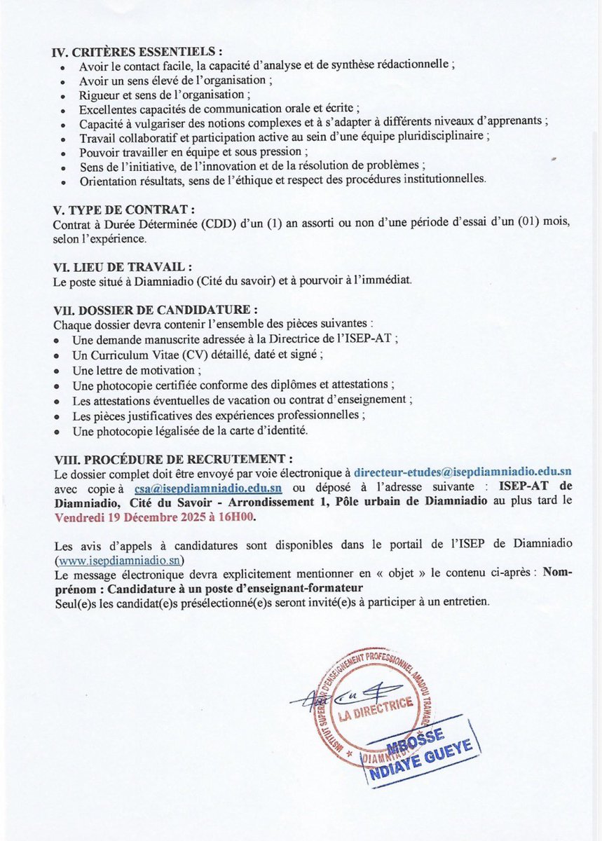 📢 L’ISEP-Amadou Traoré de Diamniadio recrute !
Appel à candidatures pour des enseignants-formateurs en :
👨‍💻 Full Stack
🤖 IA (devIA)
🔐 Cybersécurité
🚜 Maintenance d’engins lourds
Dans une démarche APC.

#mesri #Recrutement #ISEPAT #TIC #Automobile #IA #Cybersécurité #EmploiSN