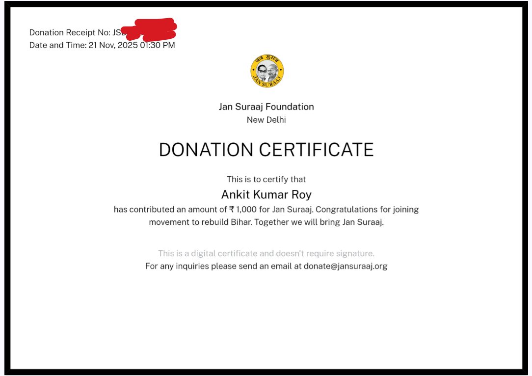 annkitroy's tweet image. आज मैंने प्रशांत किशोर जी के आवाहन पर जन सुराज के बिहार बदलने के अभियान में ₹1,000 का योगदान दिया है।

आप सभी से विनम्र अनुरोध है कि इस जन-आंदोलन को अपना आर्थिक सहयोग दें।

डोनेशन करने के बाद अपना स्क्रीनशॉट कमेंट में अवश्य साझा करें।

जय बिहार 🙏

लिंक: jansuraaj.org/donate