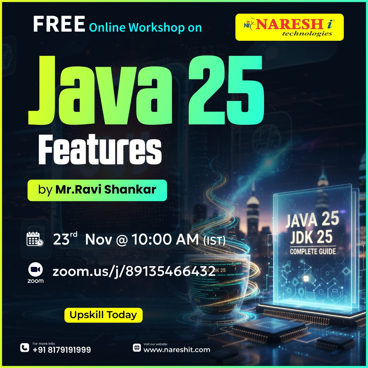 nareshitech's tweet image. 🚀 Java Developers, Big Update!

👉 Register Now: t.ly/FWSJAVA-23N

Join our FREE Online Workshop on Java 25 Features By. Mr. Ravi Shankar
📅 Date: 23rd November 2025⏰ Time: 10:00 AM (IST)

#Java25 #JavaDeveloper #JavaProgramming #JDK25 #JavaUpdates