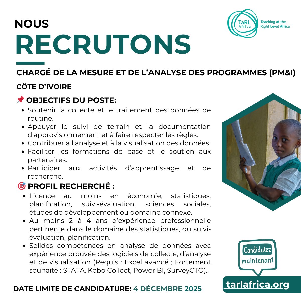 TaRL_Africa's tweet image. Nous recrutons en Côte d’Ivoire !

TaRL Africa recherche un(e) chargé(e) PM&amp;amp;I à Abidjan pour renforcer ses programmes d’apprentissage de base.

🗓️ Clôture : 4 déc. 2025
🔗 Postulez : shorturl.at/gBa3E

#Recrutement #SuiviEvaluation #FoundationalLearning