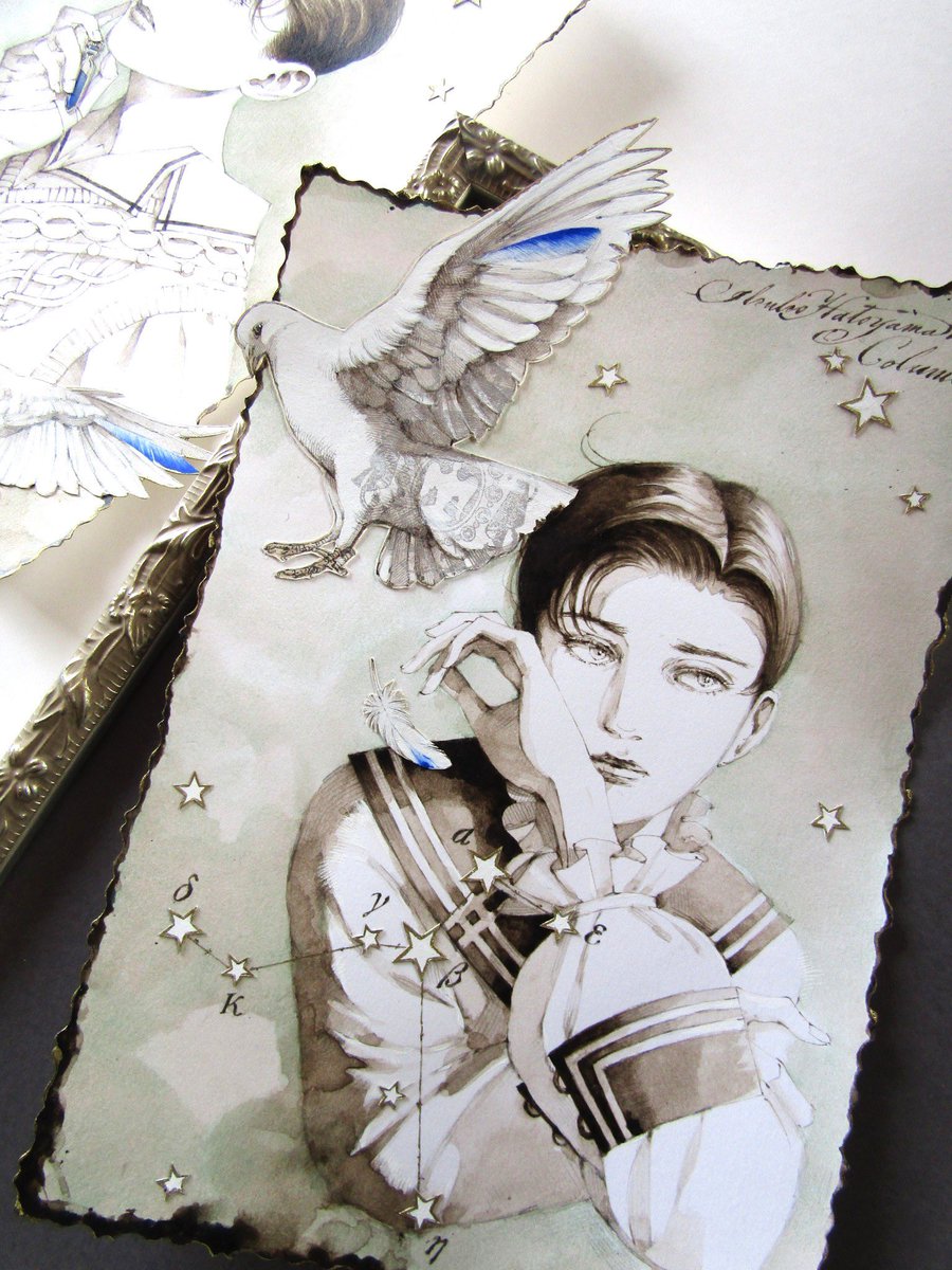 鳩山郁子　小品 オンラインストアに「Blue Ointment」シリーズ[Columba/鳩座］額入り二