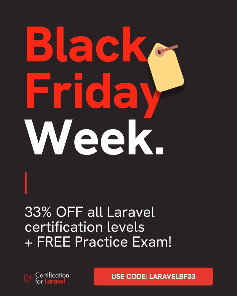 LaravelCert's tweet image. ◾ 𝐁𝐥𝐚𝐜𝐤 𝐅𝐫𝐢𝐝𝐚𝐲 𝐖𝐞𝐞𝐤 𝐢𝐬 𝐇𝐄𝐑𝐄ⵑ ◾

🔥 𝟑𝟑% 𝐎𝐅𝐅 𝐚𝐥𝐥 𝐜𝐞𝐫𝐭𝐢𝐟𝐢𝐜𝐚𝐭𝐢𝐨𝐧 𝐥𝐞𝐯𝐞𝐥𝐬 + FREE Practice 

🎟️ Use code: 𝐋𝐀𝐑𝐀𝐕𝐄𝐋𝐁𝐅𝟑𝟑

👉 Grab your deal now: lnkd.in/dAeuUz4N