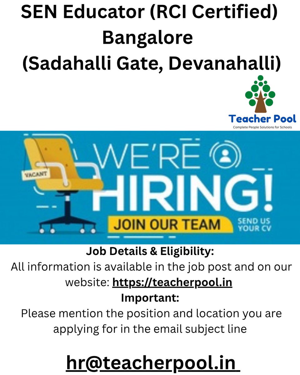 pool_teacher's tweet image. Special Education Needs Educator- Sadahalli Gate, Devanahalli, Bangalore
Minimum of 3 years of experience. Candidates must reside. Salary is up to Rs 45K/month based on experience.
 Please share your resume at hr@teacherpool.in
#Hiring #SpecialEducator #Teacherpool #SENTeacher