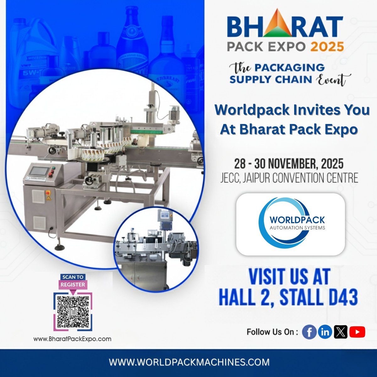 We’re gearing up for another opportunity to connect, collaborate. 

Worldpack is heading to the Bharat Pack Expo 2025, bringing our latest advancements in labeling and packaging automation to Jaipur.
Meet us from 28–30 November 2025 at JECC, Jaipur.

📍 Hall 2, Stall D43