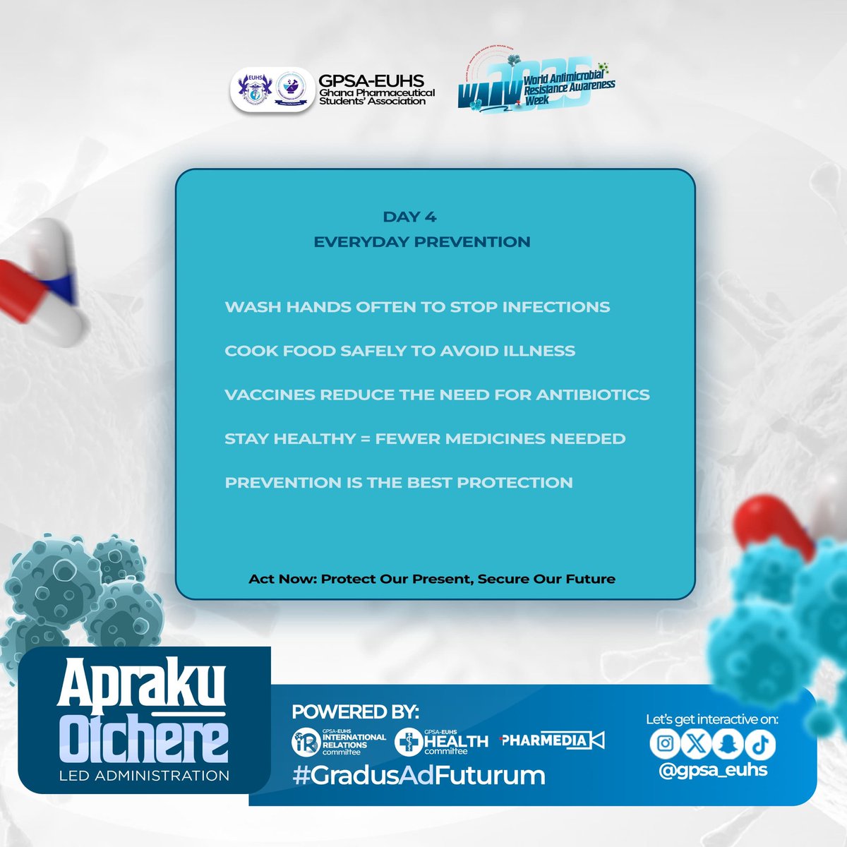 gpsa_euhs's tweet image. Prevention starts with you 🌿💪
🔹 Wash your hands—stop infections before they start  
🔹 Cook food safely—keep illness off your plate
✨ Act Now: Protect Our Present, Secure Our Future
#WAAW Day4
 #GradusAdFuturum 🛡️

Powered by Health Committee, IR Committee &amp;amp; PHARMEDIA