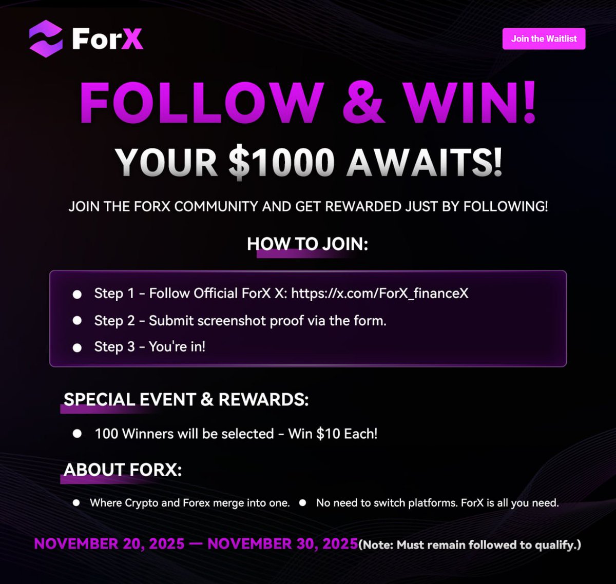 ForX_financeX's tweet image. 🎉 Follow X — Win a Share of $1000!

Join the ForX community and get rewarded just by following our official X account!

📌 How to Join:

1. Follow the Official ForX X account: x.com/ForX_financeX
2. Submit a screenshot as proof using the form below
➡️Submit your proof here…