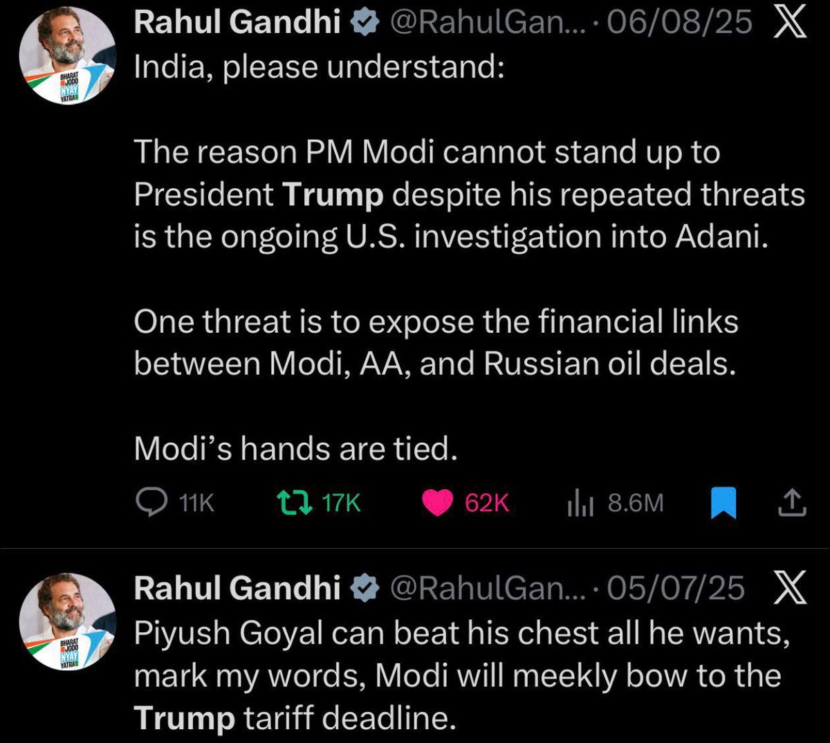 vijaythottathil's tweet image. Rahul Gandhi was again right. 

Modi has surrendered to Trump and India is going towards ZERO import of Russian oil after Trump threats to expose. 

Reliance has just announced that it’s stopping all Russian oil procurement. Indian state refiners are already reducing. 

Like…